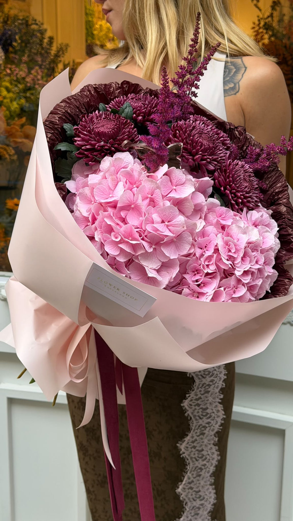Purple and Pink bouquet with Chrysanthemum and pink hortensias
