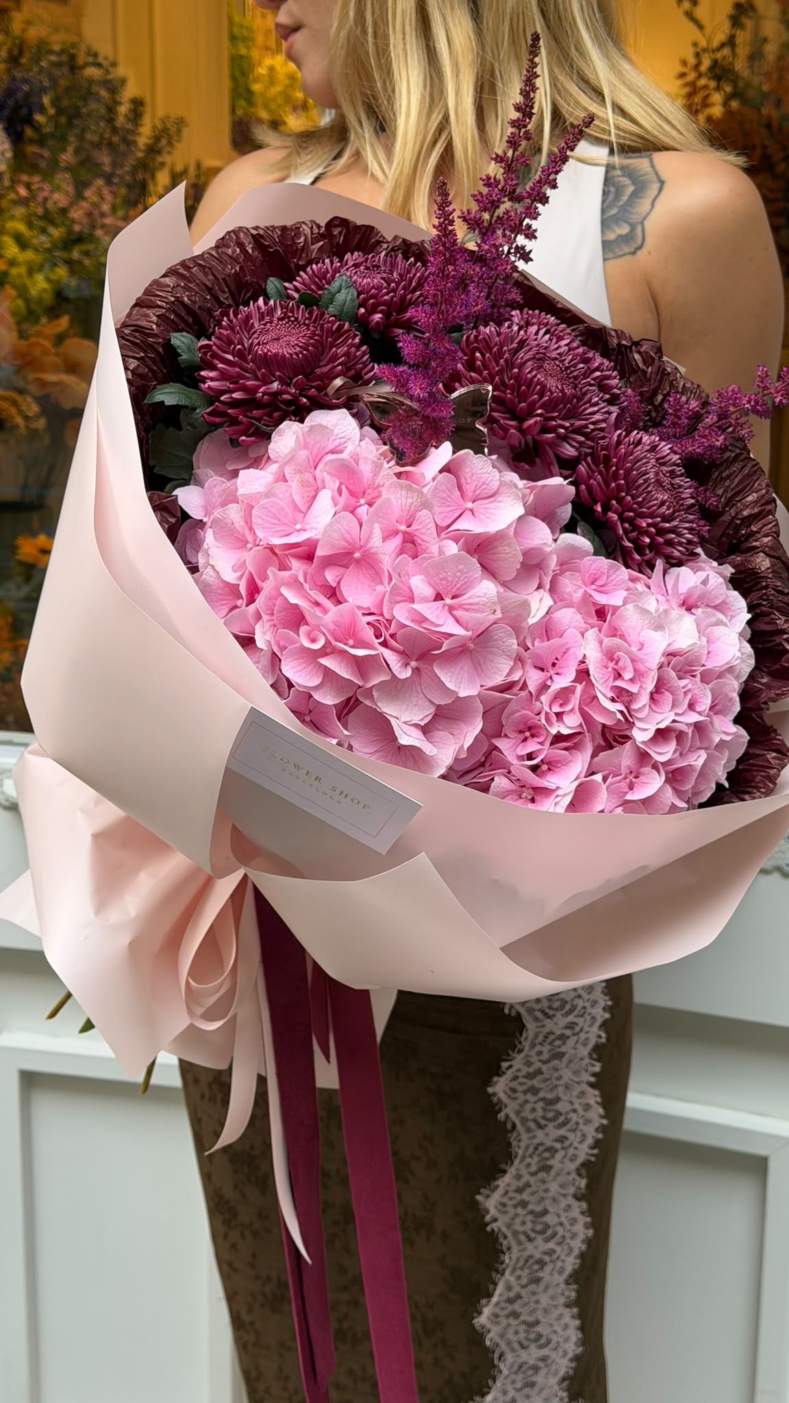 Purple and Pink bouquet with Chrysanthemum and pink hortensias