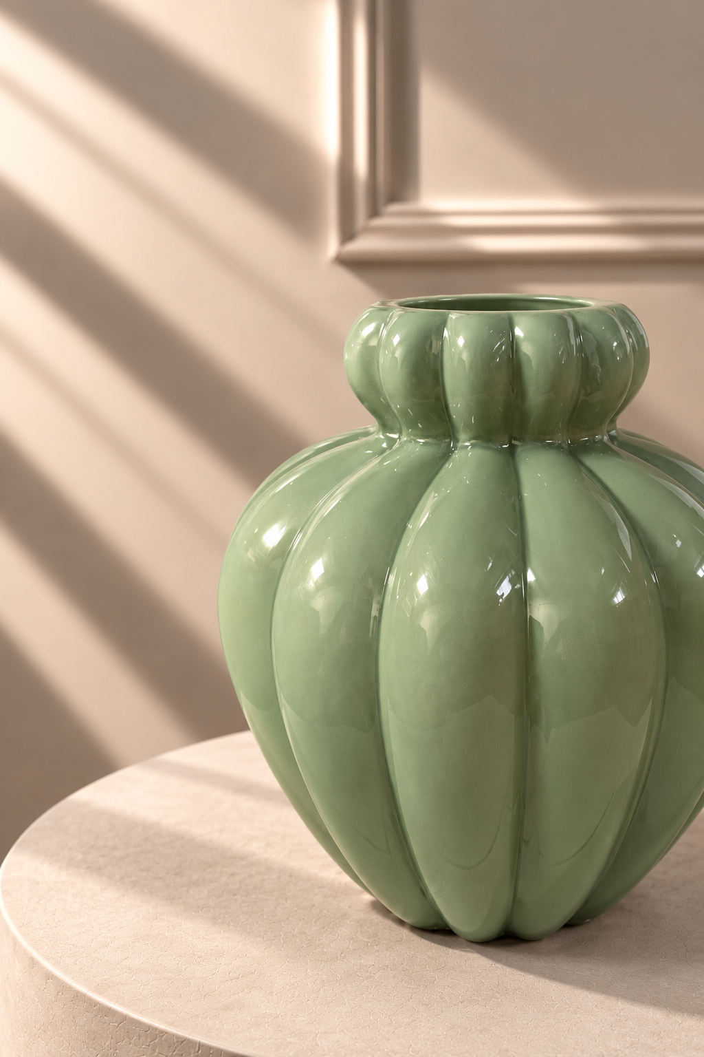 Detalle del Jarrón Verde Oliva de cerámica con acabado brillante y diseño acanalado