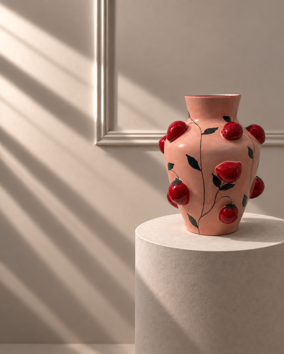Jarrón Maduixa rosa sobre pedestal, con fresas rojas y hojas verdes en relieve sobre toda la superficie.