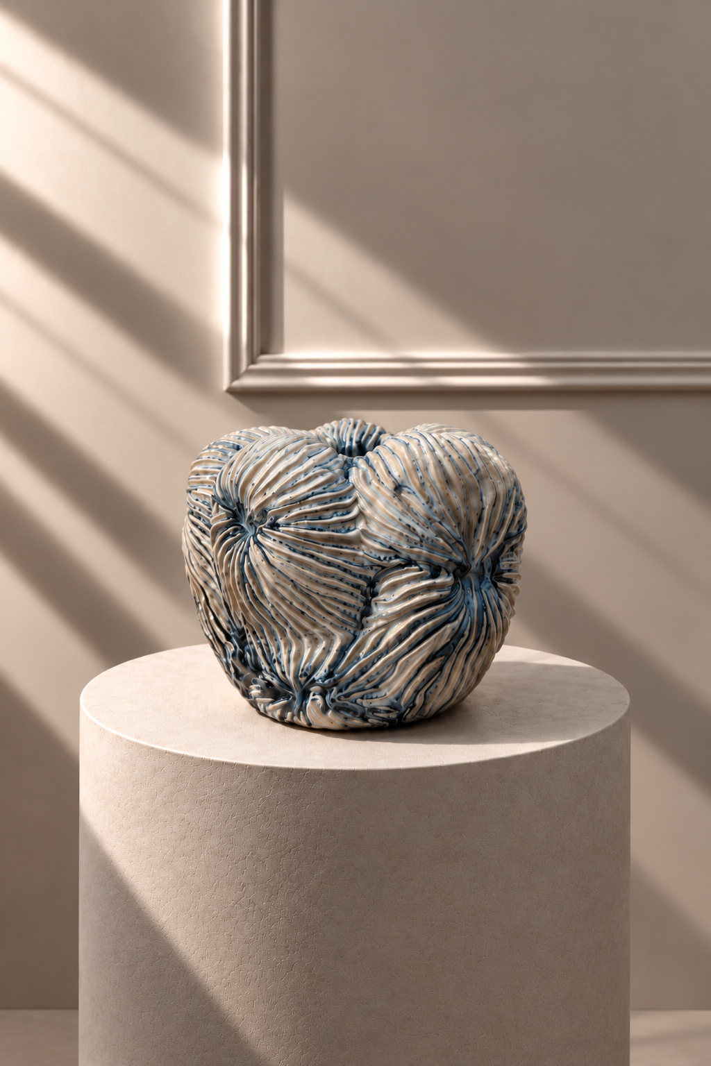 Jarrón Oceana Grande azul y blanco sobre pedestal, con silueta orgánica y relieve texturizado.