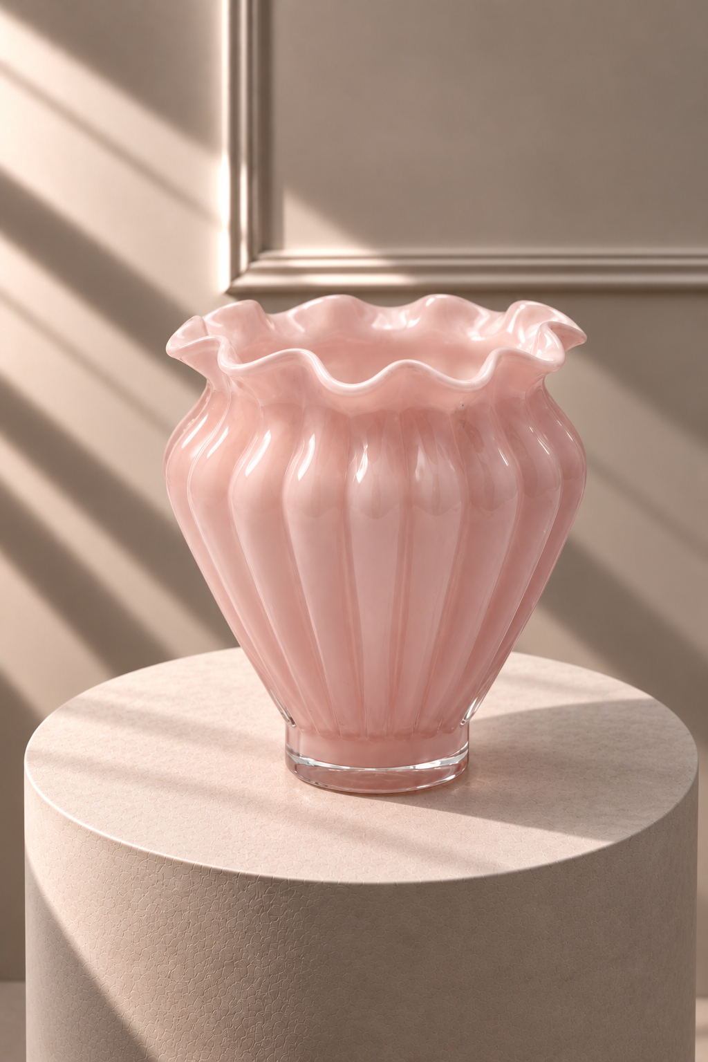 Jarrón Flor Rosa de cuerpo acanalado, acabado brillante y borde ondulado en forma de pétalos.