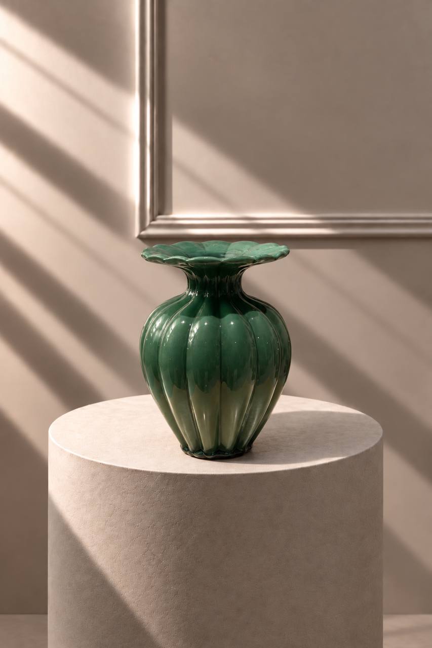 Jarrón Verde Esmeralda de cerámica acanalada con borde en forma de pétalos, sobre pedestal de piedra