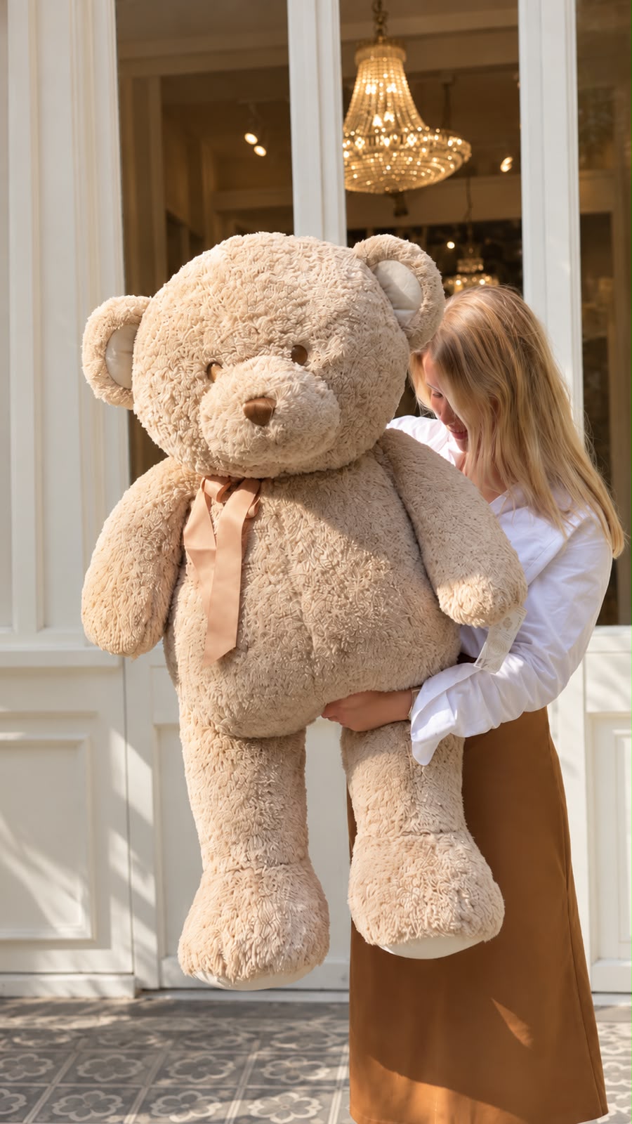Oso de peluche gigante beige de 125 cm con lazo, sostenido por una mujer